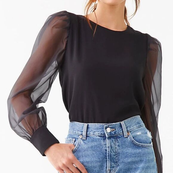 ✨Mesh Sleeves Open Back Blouse✨ - Picture 1 of 6